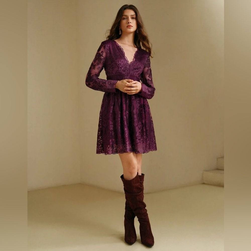 Elegant Lace Long Sleeve Dress in Burgundy